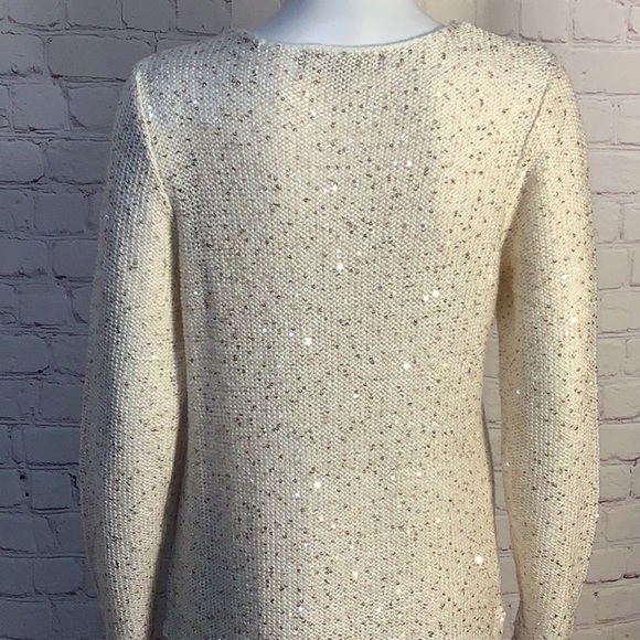 Marled Reunited Cream Sequin Embellished Chiffon Hem Long Sleeve Sweater Sz M - Picture 9 of 12